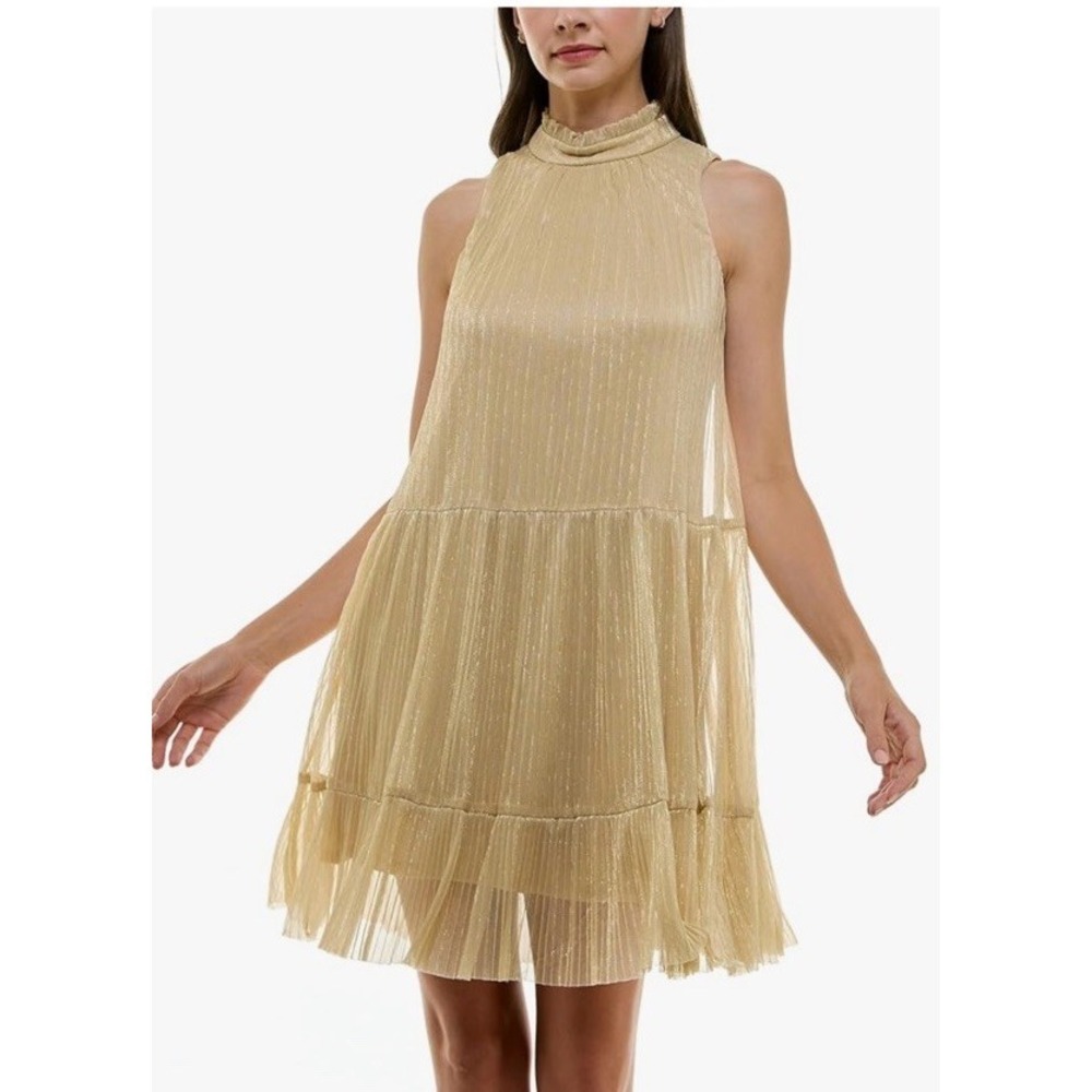 Maison‎ Tara Gold Metallic Pleated Babydoll Mini Dress Size 4 Sleeveless